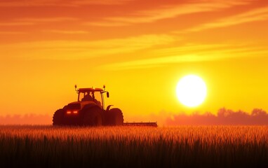 Fototapeta premium Tractor silhouetted against a vibrant sunset in a golden field, symbolizing agricultural productivity