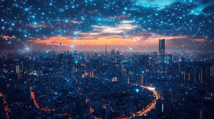 Connected drones in a city sky representing 5G technology, automated delivery concept 