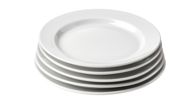 Stack of clean white plates on transparent background