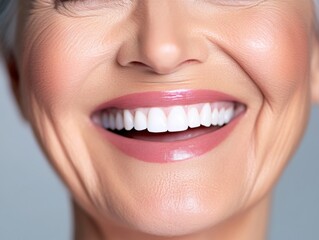 Obraz premium Close-up of a smiling elderly woman with perfect white teeth, showcasing her radiant and healthy complexion. The image exudes warmth and happiness.
