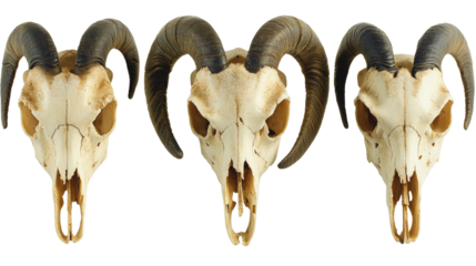 Three ram skulls with large horns on transparent background