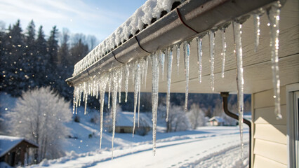 Fototapeta premium Melting icicles dripping from a roof in bright natural light