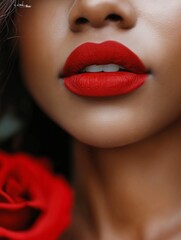 Fototapeta premium Close-up shot of a woman's bold red lips with a red rose in the foreground, detail