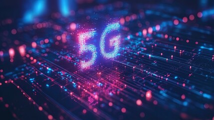 Close-up of a holographic 5G network tower with data streams, advanced technology background 