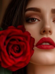 Intimate portrait of a woman with red lipstick, holding a rose, sensual and artistic