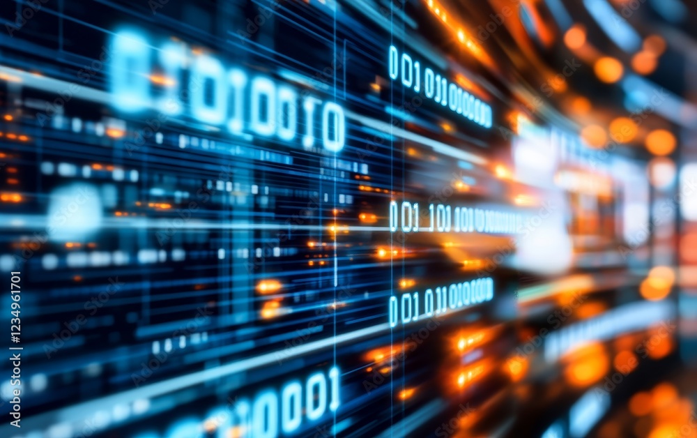 Poster abstract digital data stream with glowing binary code and light trails, representing technology and 