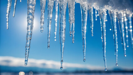Glistening icicles melting against a clear blue sky