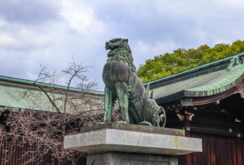 Komainu statue in Kyoto, Japan. The lion-dog statues are often guardians of shrines in Japan.
