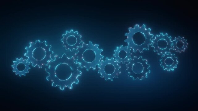 A 3D digital of interconnected glowing gears made of a futuristic network, symbolizing business automation, efficiency, teamwork, and technological innovation.