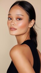 Close up portrait of a beautiful young woman looking over her shoulder with a soft gaze