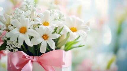 Delicate White Daisies in a Pink Bow Gift Box