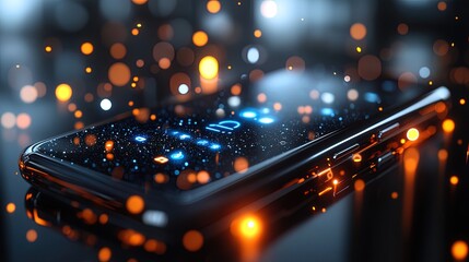 Obraz premium Close-up of a 5G smartphone displaying high-speed connection bars, digital icons floating around, sleek design 
