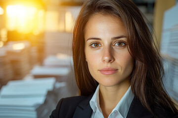 confident businesswoman stands in office with sunlight streaming in, surrounded by stacks of documents, conveying sense of determination and focus