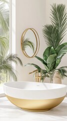 Fototapeta premium A modern bathroom interior features a sleek white and gold bathtub, surrounded by lush green plants and illuminated by natural light from a large window.