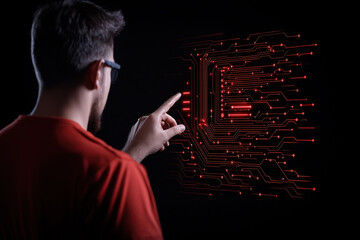 man interacts with digital interface displaying glowing red circuit board pattern, symbolizing advanced technology and innovation