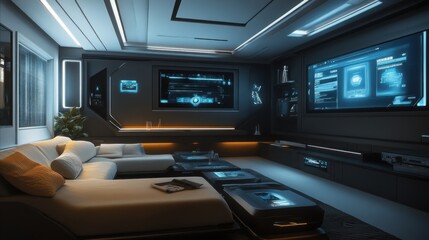 Fototapeta premium Futuristic Living Room with Advanced Technology Screens