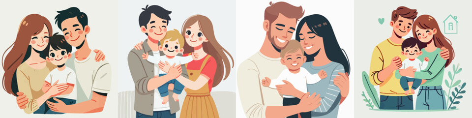vector of a happy father and mother hugging their child