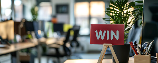 Win sign on office desk with greenery