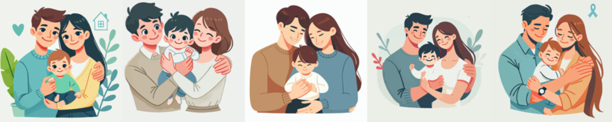 vector of a happy father and mother hugging their child