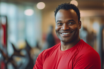 Fototapeta premium Confident gym trainer smiling in a fitness center. A cheerful portrait of a young man in a red shirt, radiating positivity and motivation in the gym.