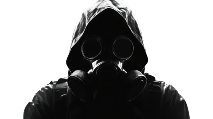 Soldier wearing gas mask and hood in a transparent background