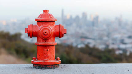 Fototapeta premium Red Fire Hydrant with Cityscape Background