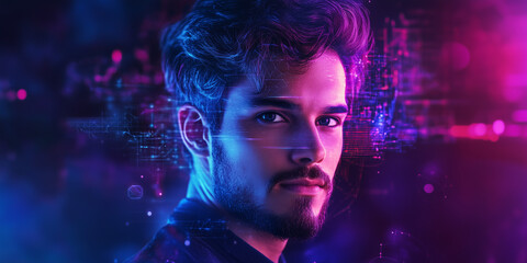 A portrait of a man with glowing digital elements on his skin against a background of futuristic technology and holographic displays. The background conveys modernity and sophistication