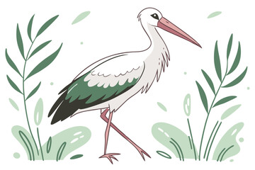  Stork illustration, watercolor style, delicate brushstrokes, white and green feathers, pink beak, long legs, standing pose, minimalist background, nature-inspired art, children's book illustration, c