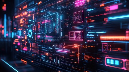 AI robot interacting with data displayed on a virtual 5G network grid, advanced technology vibes 