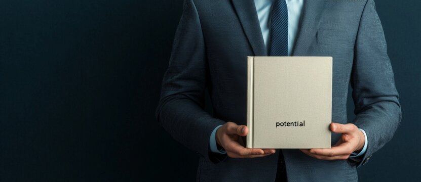 Leadership drives growth in management. A man in a suit holding a book against a dark wall.