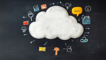 Leadership drives growth in management. Cloud with colorful icons on a chalkboard background.