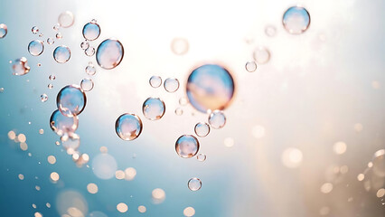 Obraz premium Bubbles floating in water abstract background light reflections blue and white colors close-up macro photography