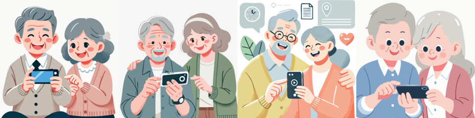 vector elderly couple sitting playing mobile phone