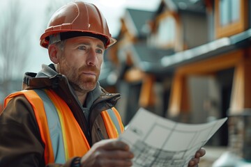 A construction worker studying blueprints at a building site with focus and determination.