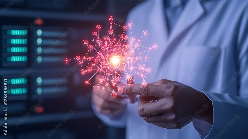 Poster scientist manipulating a glowing network node visualization.