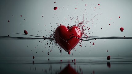 Exploding raspberry heart splash with cracked glass and reflective surface