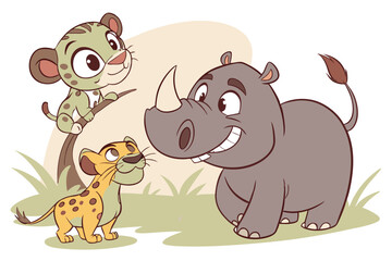  Cute cartoon animals, 3D animated characters, baby leopard, smiling hippo, fuzzy highland cow, grinning warthog, friendly bear, anthropomorphic creatures, big eyes, expressive faces, colorful texture
