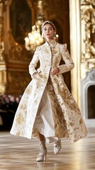 Naklejka premium A regal woman in a lavish, gold-embroidered coat confidently walks through an opulent hall with chandeliers and ornate decor, exuding elegance and grandeur.