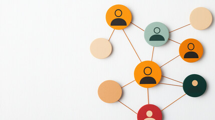 Abstract representation of interconnected circles with human icons, symbolizing networking and communication. design features various colors and lines connecting circles on white background