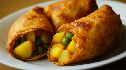 Savory deepfried Indian pastry filled spiced potatoes and peas often served as a snack or appetizer