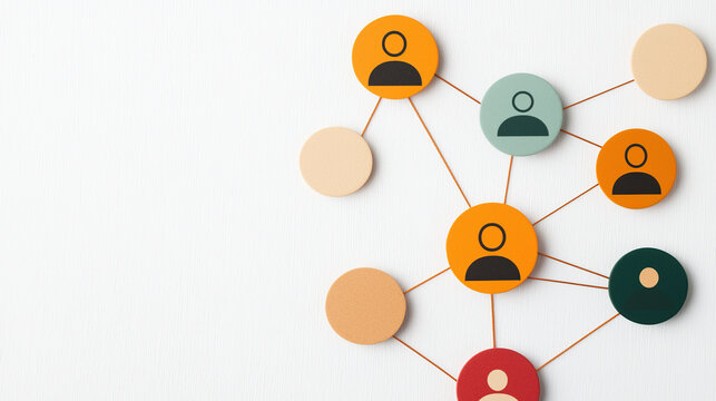 Abstract representation of interconnected circles with human icons, symbolizing networking and communication. design features various colors and lines connecting circles on white background - Powered by Adobe
