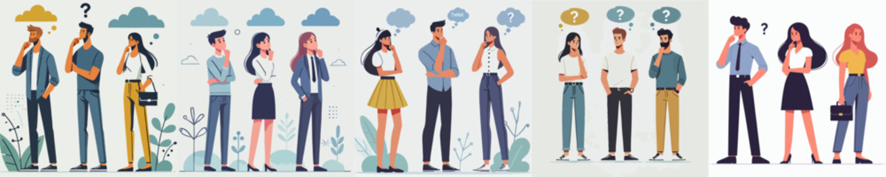 vector of three men and women in standing poses thinking