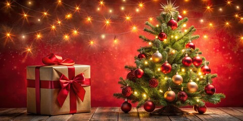 A Festive Christmas Tree Decorated With Red And Gold Ornaments, Adorned With String Lights, And A Wrapped Gift With A Red Bow On A Wooden Table