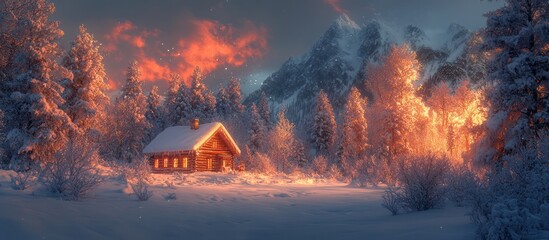 Snowy cabin sunset, mountain backdrop