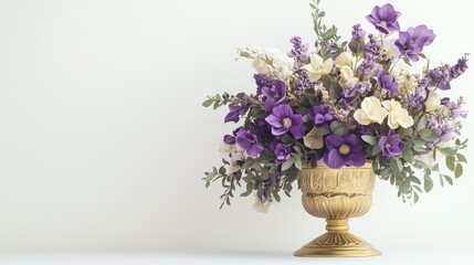 Fototapeta premium Purple flowers in a golden vase on a white background