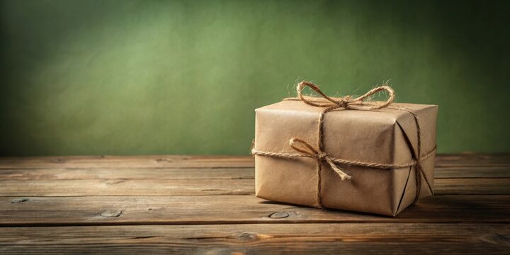 A rustic brown gift box tied with twine, sitting on a weathered wooden surface against a muted green background.