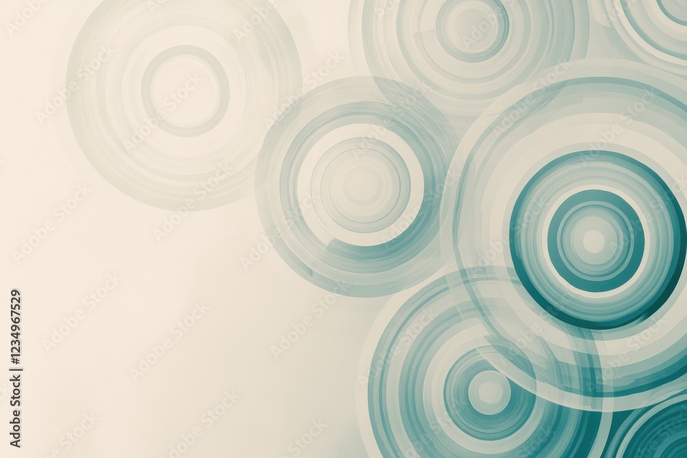 Poster Swirling circles create an abstract pattern in shades of teal and light green on a soft background. Generative AI