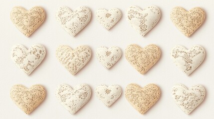 Obraz premium A collection of decorative heart-shaped items arranged in a grid, showcasing various textures and colors against a neutral background.