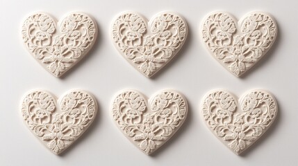 Fototapeta premium Six intricately designed, lace-like heart shapes arranged symmetrically on a light background, evoking themes of love and decoration.