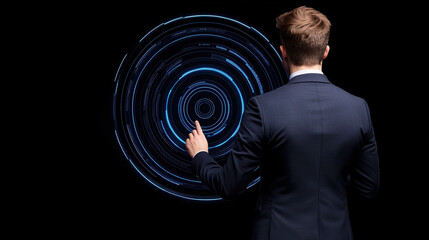 man in suit interacts with futuristic digital interface, featuring glowing blue circular graphics on dark background, suggesting advanced technology and innovation